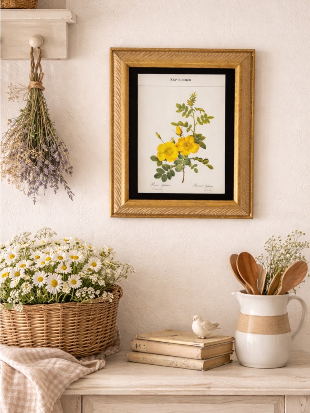 Framed Botanical Print “Rosa Eglanteria” After Redouté Ornate Gold Frame Art